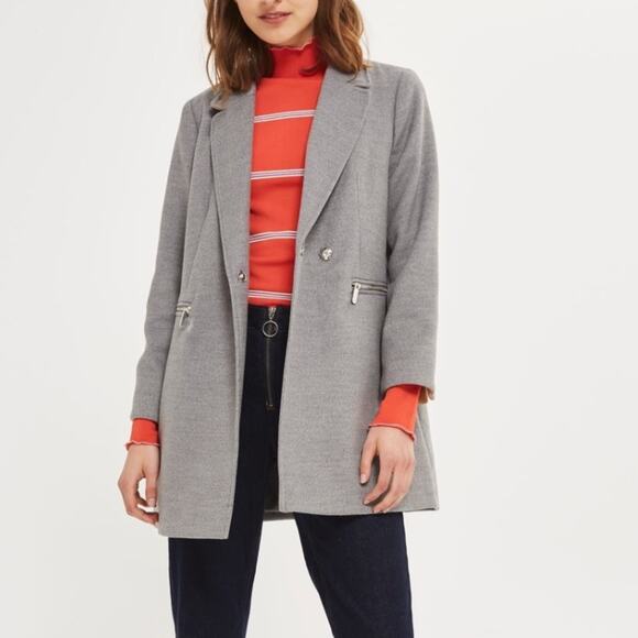 Topshop‎ Meg Gray Felted Zip Pocket Oversized Blazer Jacket Coat Size 2 - Picture 1 of 16